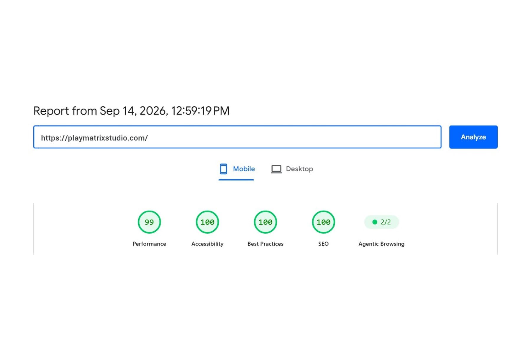 Google PageSpeed report for playmatrixstudio.com on a phone: 99 performance, 100 accessibility, 100 best practices, 100 SEO