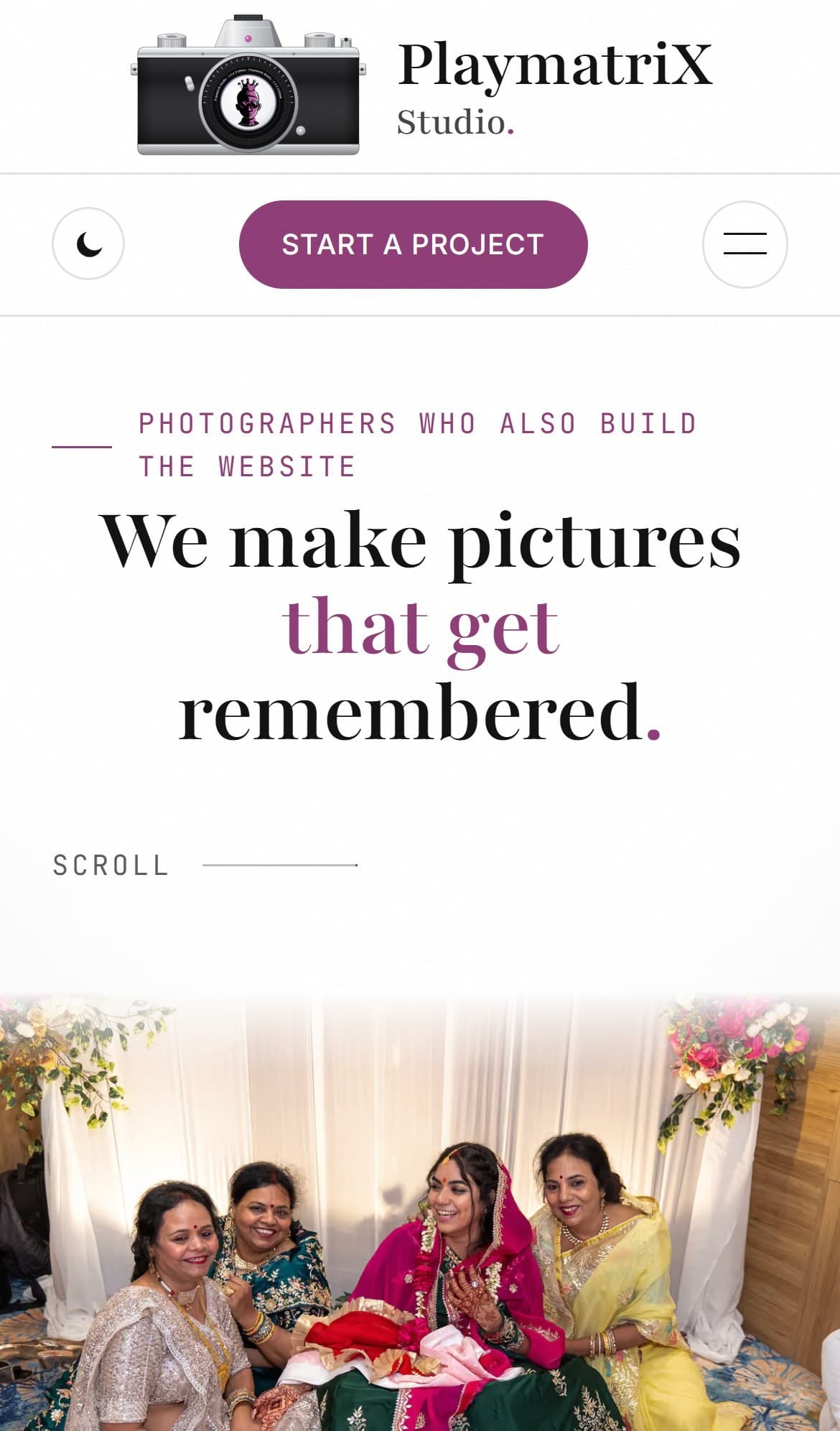 The PlaymatriX Studio homepage on a phone, with the studio name, the headline and a wedding photograph