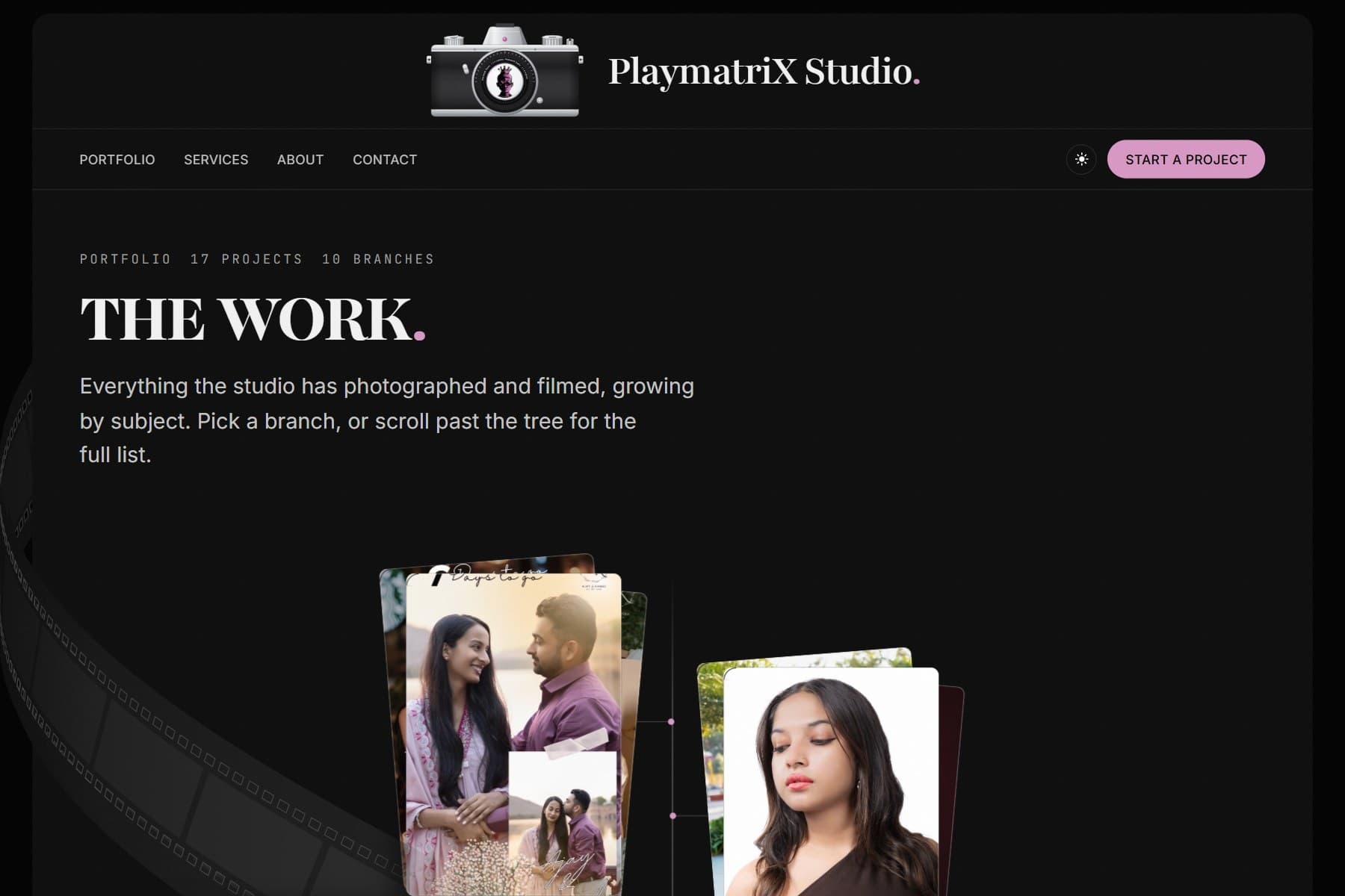 The portfolio page in the dark theme, headed The Work, with galleries arranged by subject