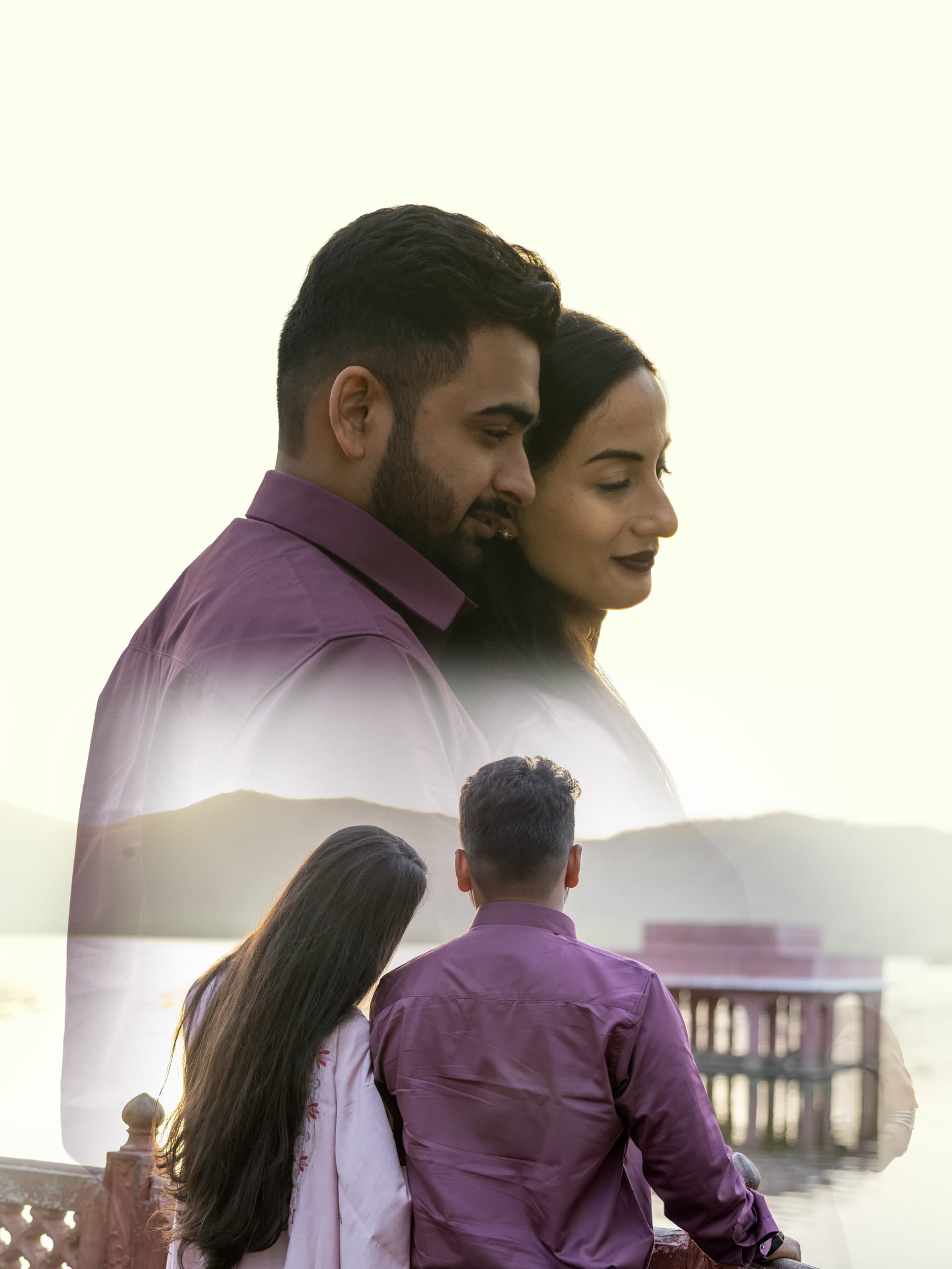 Couple embracing in soft light, a second faded frame of them walking away beneath