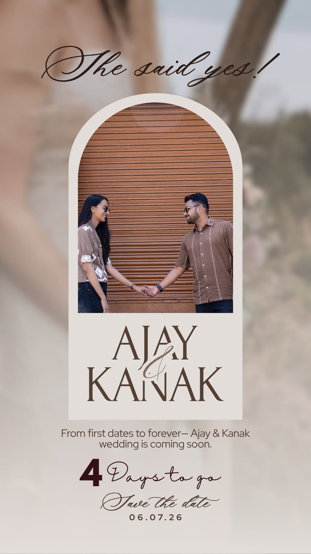 Four days to go — Save the Date layout, the couple hand in hand inside an arched window
