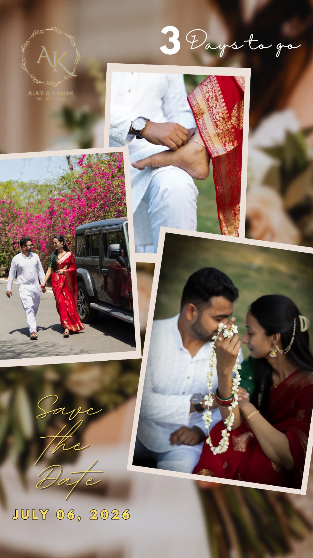 Three days to go — countdown card, three scattered photographs of the couple on cream