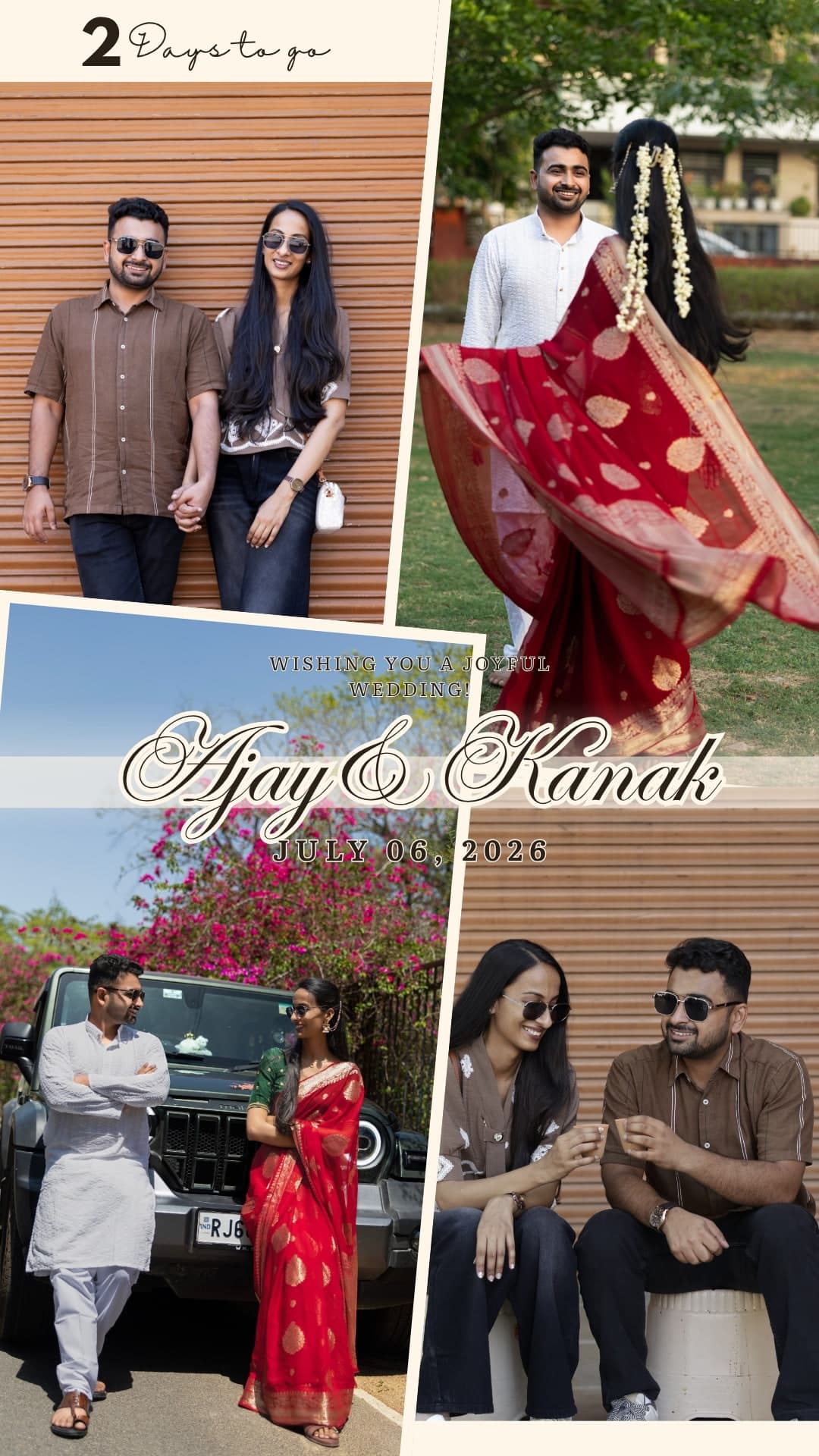 Two days to go — countdown card, four frames of the couple with their names in script